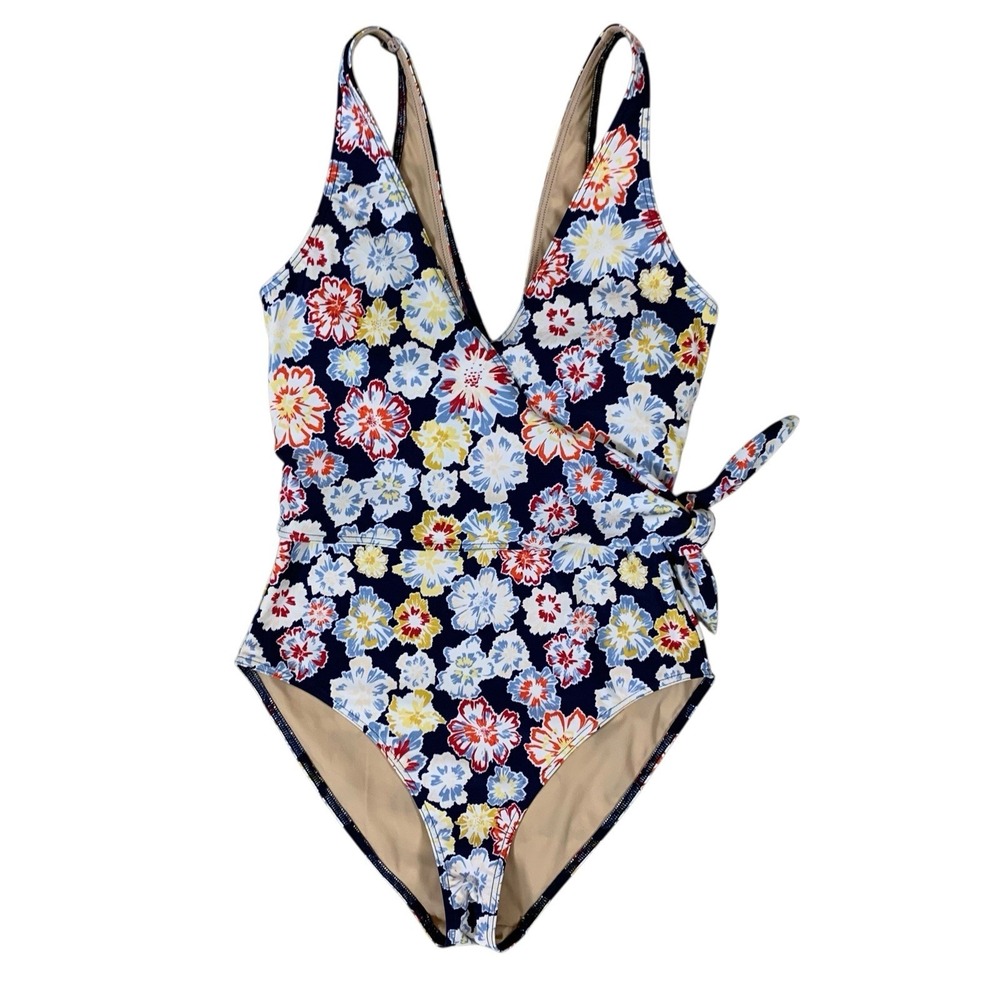 Tanya Taylor Floral One Piece Swimsuit Tie Waist V Neck Retro Style Small